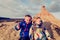 Family travel -little boy and girl enjoy hiking in mountains