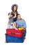 Family Travel Suitcase, Father Mother and on Luggage, over White