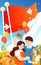 Family travel to celebrate birthday for the motherland with buildings and flags in the background, vector illustration