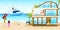 Family travel to luxury hotel on summer vacation, happy people at modern seaside resort, vector illustration