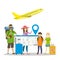 Family travellers with baggage and big boarding pass,funny vacation concept,yellow airplane takeoff