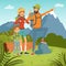 Family travellers. father mother and kids walking outdoor hiking. Vector cartoon background