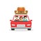 Family trip by car vector illustration, flat cartoon happy people driving or travelling in automobile with luggage