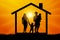 Family with two children in the house at sunset, silhouette vector.