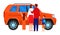 Family with two children standing by orange SUV. Parents and kids ready for road trip. Weekend getaway vector