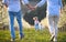 Family with two small children on walk outdoors in orchard in spring.