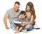Family using Tablet, Happy Parents with Child sitting over White