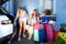 Family vacation suitcases Labrador dog girl boy kid baggage blue pink orange house sun summer luggage car ready holidays green tra