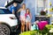 Family vacation suitcases Labrador dog girl kid baggage blue pink orange house sun summer luggage car ready holidays green trank b