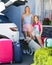 Family vacation suitcases Labrador dog girl kid baggage blue pink orange house sun summer luggage car ready holidays green trank b