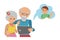 Family vector illustration flat style people faces online social media communications. Man woman parents grandparents with tablet