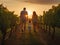 family on vineyard at sunset. Father, mother and child walking in vineyard.