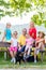 Family on walk having rest on bench