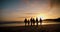 Family, walk and holding hands with silhouette, beach and sunset with freedom, vacation and outdoor together, Men, women