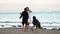 A family walk and play on a beach on a summer evening