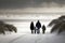 Family walking along in winter beach