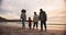 Family, walking on beach with travel and ocean at sunset, people bonding with love and freedom in nature. Grandparents