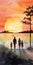 Family Walking Towards Stunning Sunset In Watercolor Style