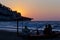 Family watching sunset on a lifeguard boat. for vacation and summer holiday concept