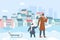 Family winter walk activity, cartoon father with kid walking