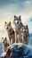 Family of Wolves Standing Together on a Snow-Covered Cliff. Generative ai