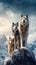 Family of Wolves Standing Together on a Snow-Covered Cliff. Generative ai