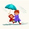 Family woman with girl walking rain with umbrella in hands, raindrops dripping into puddles, baby with mom waterproof