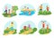 Family workout exercise vector active people mom or dad character and kids exercising together in park illustration set