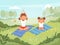 Family yoga. Mother and daughter making exercises outdoor in the park yoga fitness training skills vector cartoon