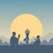 Family yoga outdoors. Dad, mom and son practice meditation in nature. Silhouette of man, woman and child sitting in lotus asana on