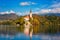 Famous alpine Bled lake Blejsko jezero in Slovenia, amazing autumn landscape, outdoor travel background