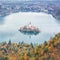Famous alpine Bled lake Blejsko jezero in Slovenia, amazing autumn landscape. Scenic aerial view
