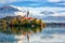 Famous alpine Bled lake Blejsko jezero in Slovenia, amazing autumn landscape. Scenic view of the lake, island with church