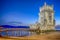 Famous Ancient Belem Tower on Tagus River in Lisbon at Blue Hour in Portugal