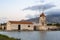 Famous ancient windmill of Riserva Naturale Saline Visitor Centre in Trapani, Sicily. It is producing sea salt using evaporation