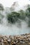 The famous Beitou Thermal Valley in Beitou Park, boiling steam from hot spring floating through the trees in Taipei City, Taiwan