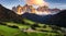 Famous best alpine place of the world, Santa Maddalena St Magdalena village with magical Dolomites mountains in background, Val