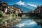 Famous best alpine place of the world, Santa Maddalena village with magical Dolomites mountains in background, Val di Funes valley