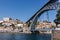 Famous bridge Ponte Luis in Porto bottom view. Riverside near giant steel bridge with people and boats.