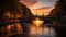 Famous bridge reflects sunset, illuminating city history and beauty generated by AI