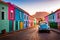 Famous bright color retro car parked by colorful houses in Bo Kaap district in Cape Town.