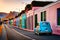 Famous bright color retro car parked by colorful houses in Bo Kaap district in Cape Town.