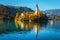 Famous church on the small island and lake Bled, Slovenia