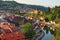 A famous czech historical beautiful town. Morning view to the city, Vltava River and beautiful summer street with colorful buildin