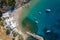 Famous Ellie beach in Rhodes. sunbeds, beach, sand, waves, top view from drone. The island of Rhodes Greece