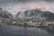 Famous fishing village Reine on Lofoten Islands, Northern Norway. Dramatic winter landscape