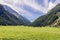 Famous flat clipped green Sant Orso meadow in gorge between steep slopes overgrown with pine forest in Gran Paradiso National Park