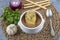 Famous French dish, French onion soup. Caramelised onions cooked in stock with wine and herbs, topped with toasted baguette and