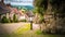 Famous Gold Hill cobbled street with thatched roof houses in Shaftesbury, UK