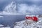 Famous Hamnoy Fishing Village At Lofoten Islands in Norway. Line of Red Rorbu Houses at Winter